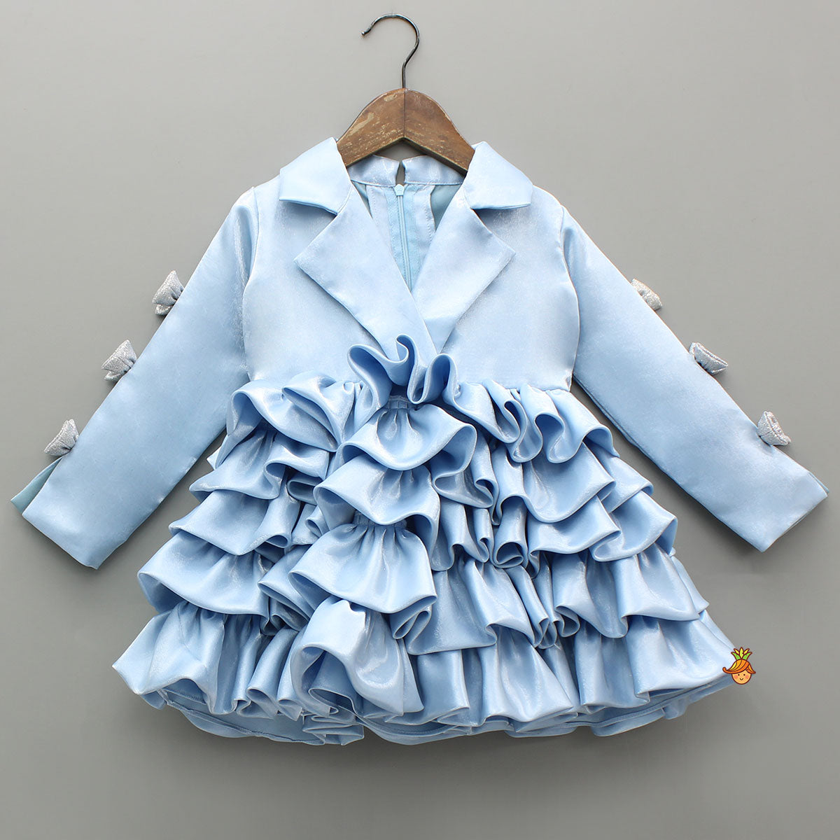 Gorgeous Sheen Collar Neck Bow Adorned Layered Ruffle Dress