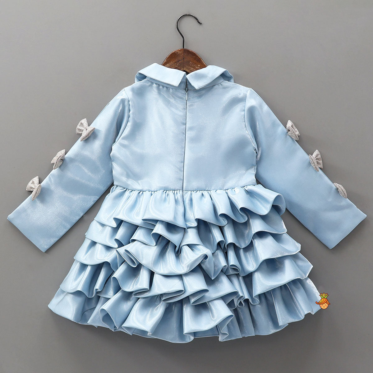 Gorgeous Sheen Collar Neck Bow Adorned Layered Ruffle Dress