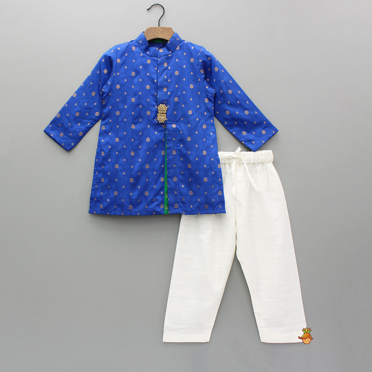 Blue Brocade Kurta With White Pyjama