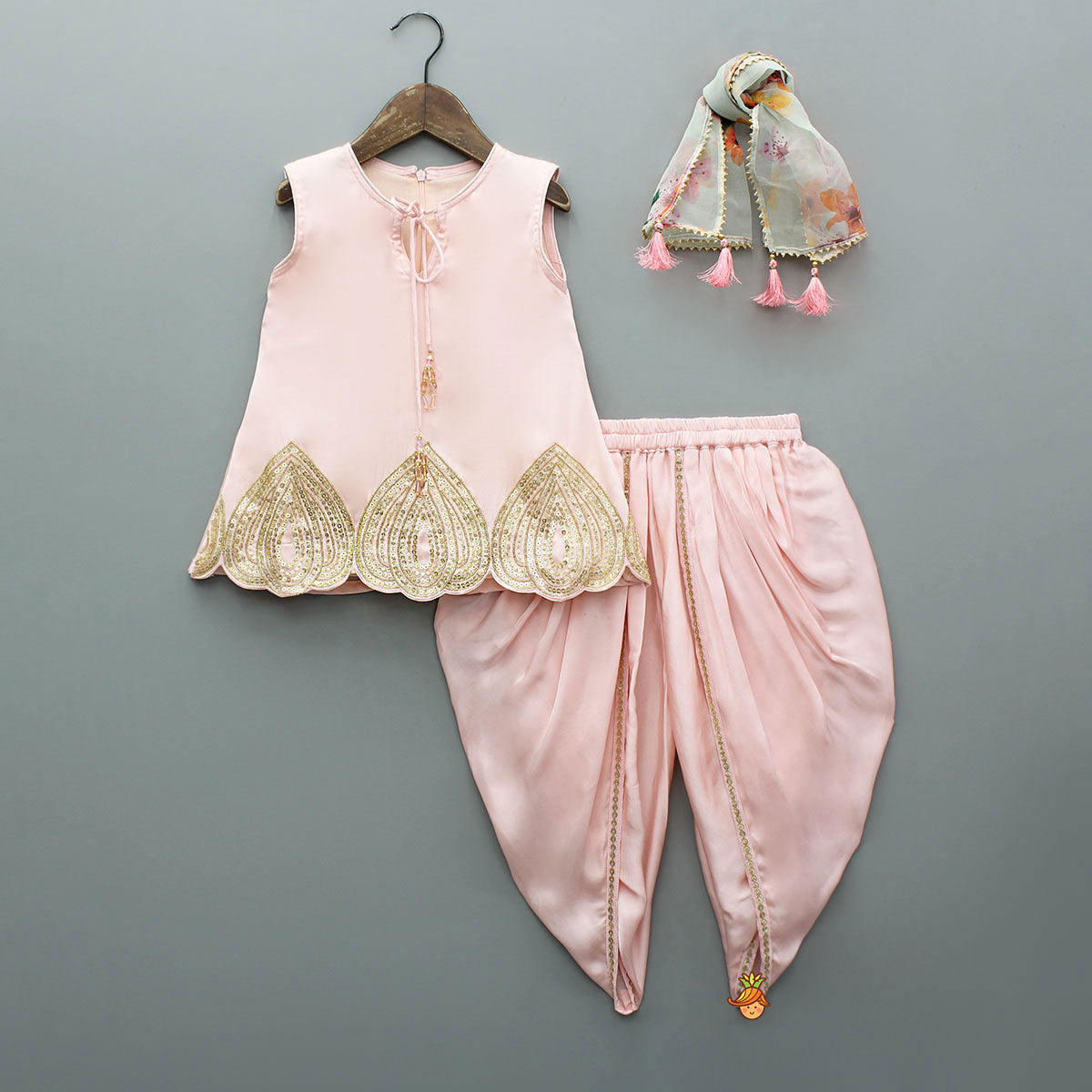 Pink Sequin Embellished Kurti With Dhoti And Dupatta
