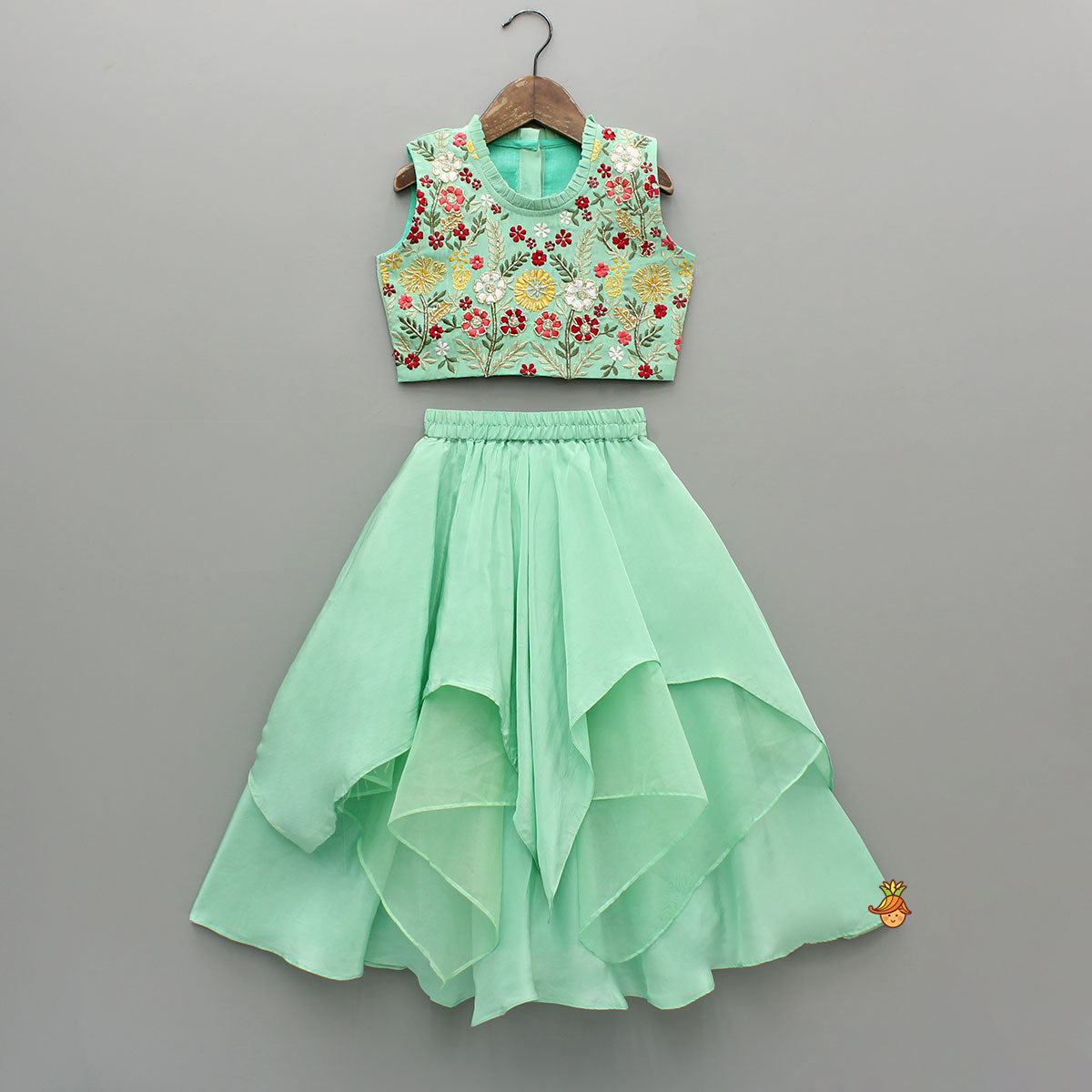 Beautiful Floral Embroidered Green Top With Asymmetrically Layered Lehenga