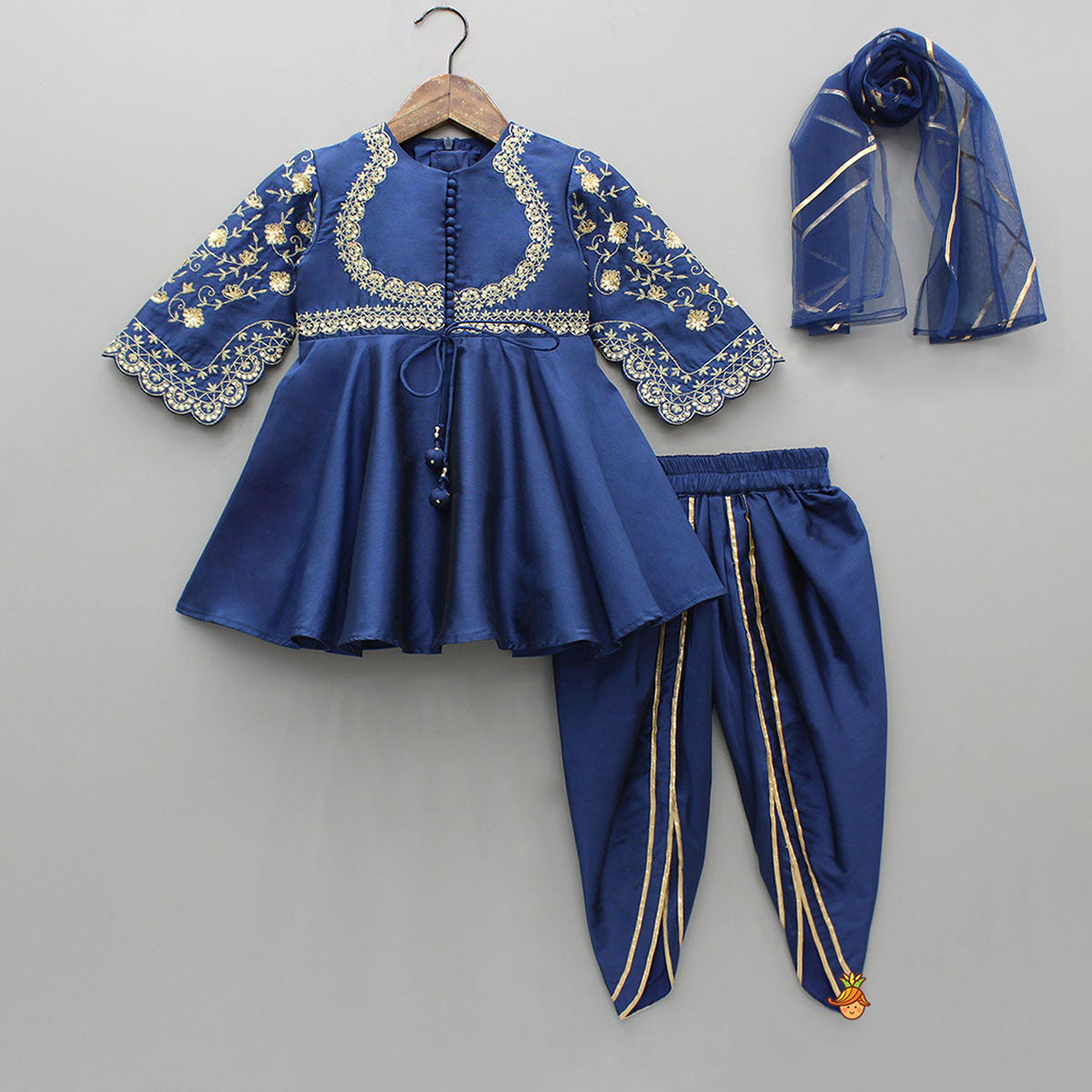 Elegant Navy Blue Embroidered Kurti And Tulip Dhoti With Dupatta
