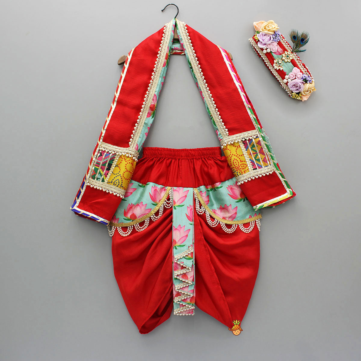 Festive Red Dhoti With Printed Shawl And Mor Pankh-Embellished Headband