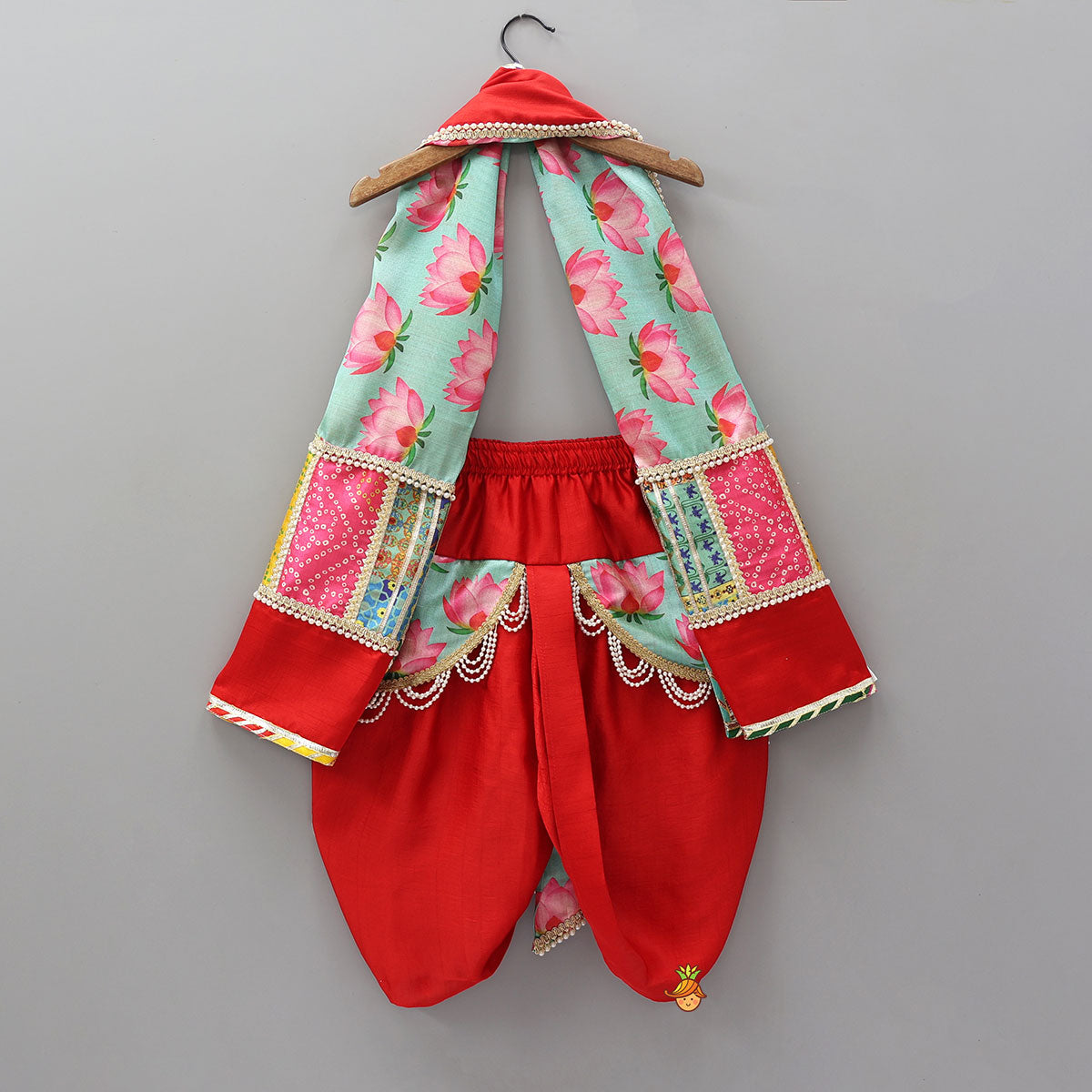 Festive Red Dhoti With Printed Shawl And Mor Pankh-Embellished Headband