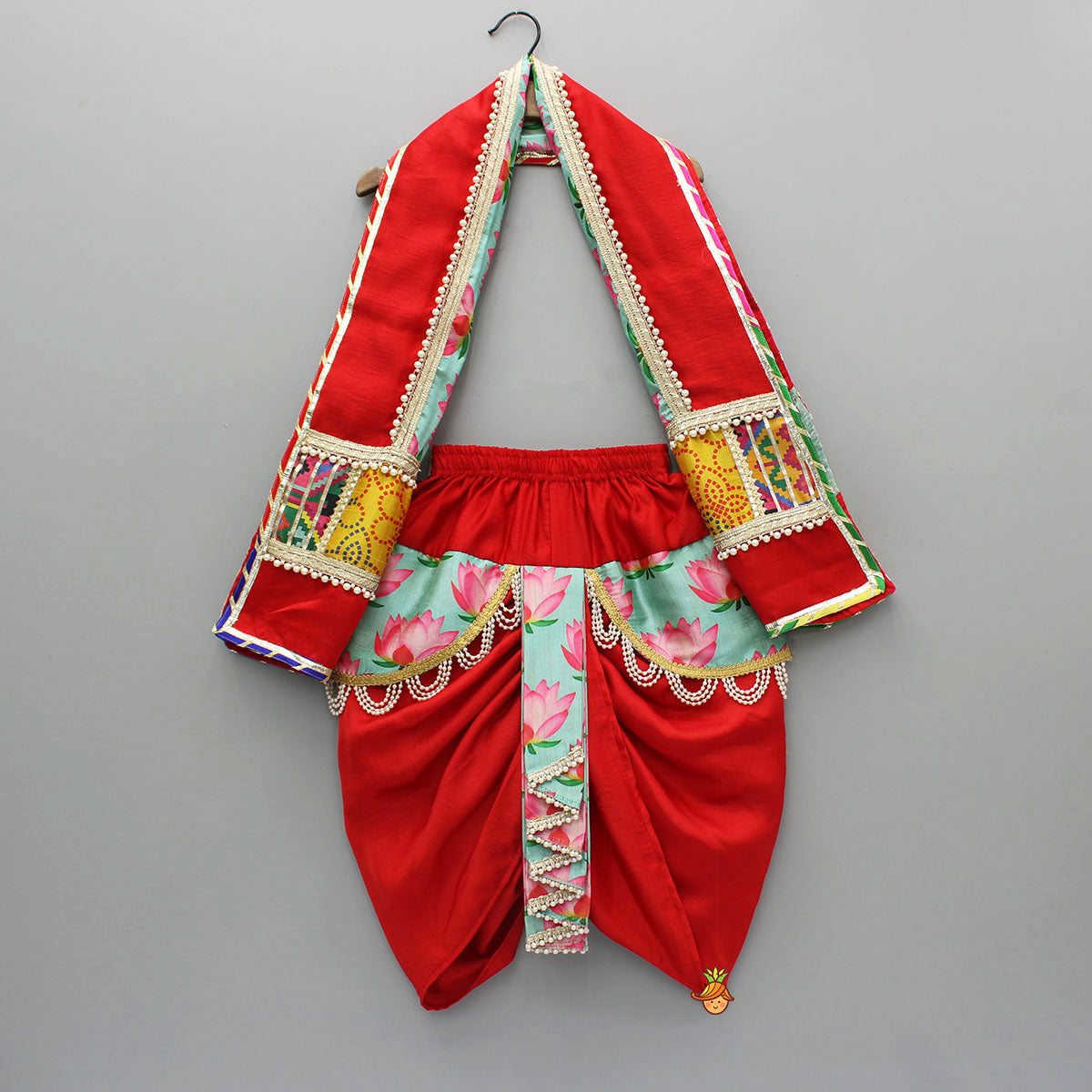 Festive Red Dhoti With Printed Shawl And Mor Pankh-Embellished Headband