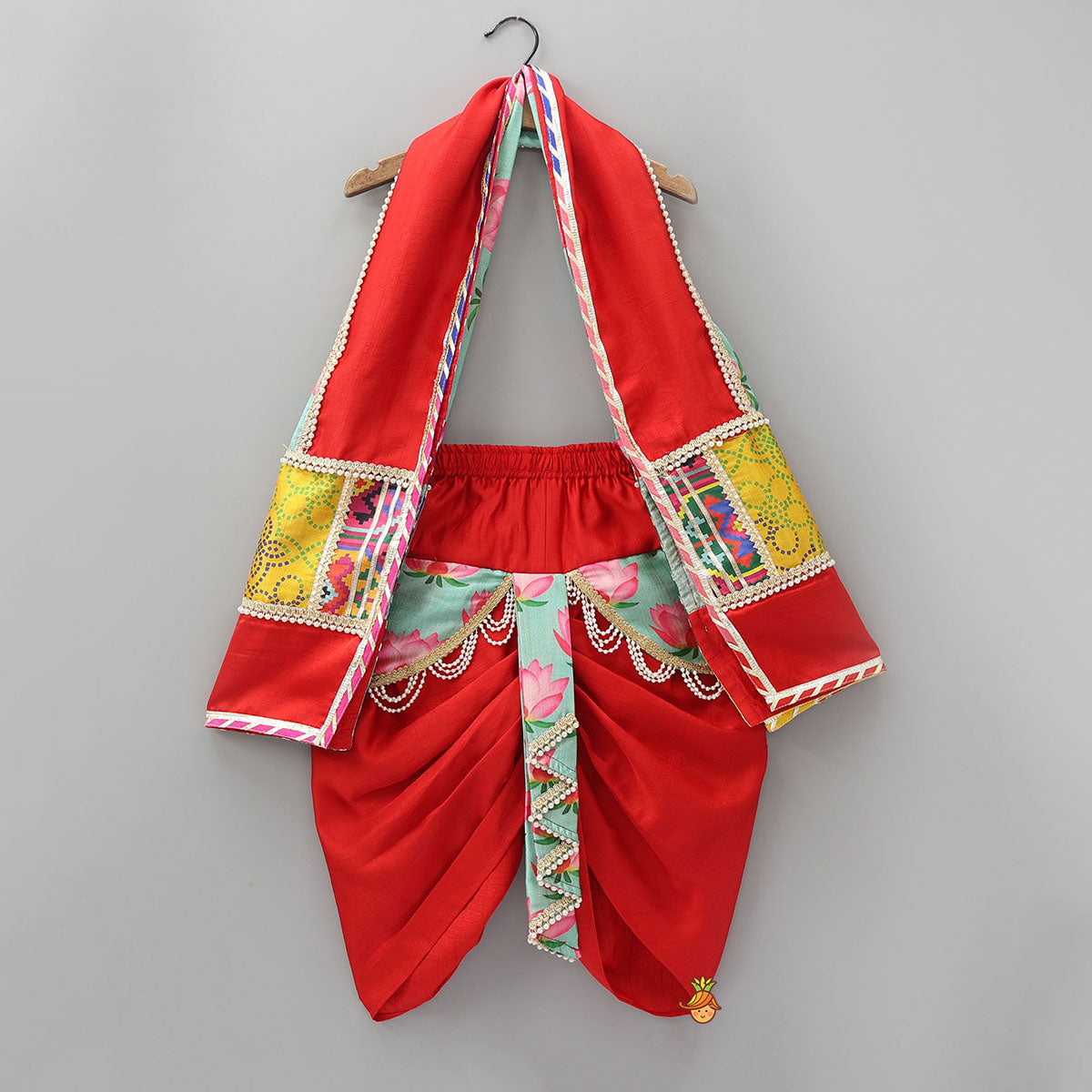 Festive Red Dhoti With Printed Shawl And Mor Pankh-Embellished Headband