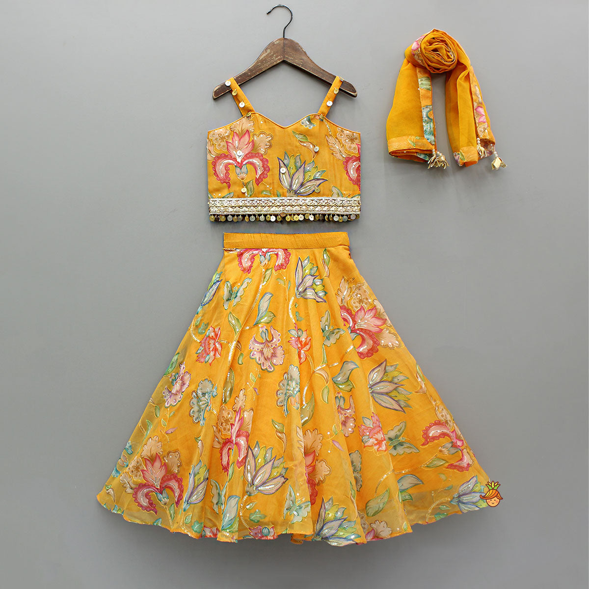 Stylish Floral Embellished Strappy Top And Floral Lehenga With Dupatta