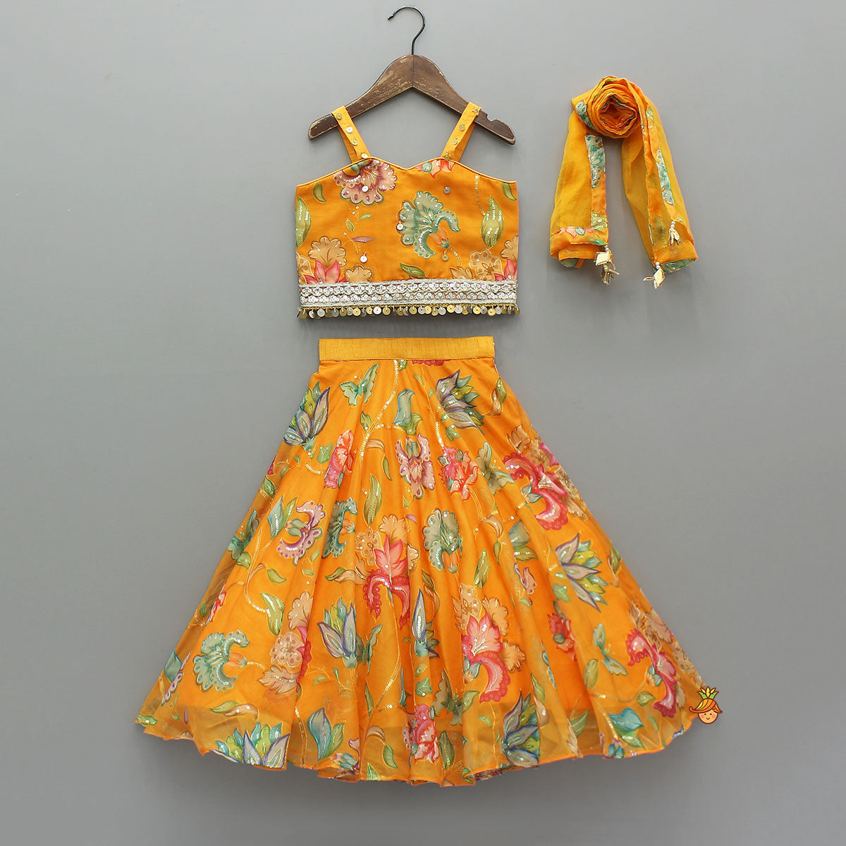 Stylish Floral Embellished Strappy Top And Floral Lehenga With Dupatta