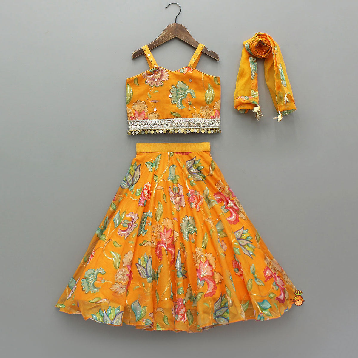 Stylish Floral Embellished Strappy Top And Floral Lehenga With Dupatta