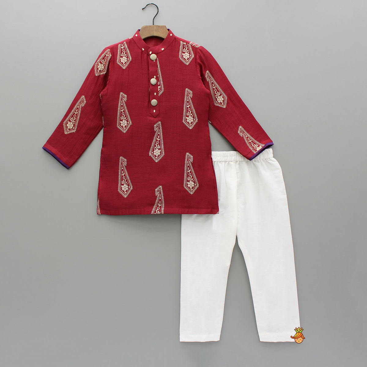 Red Embroidered Kurta With White Pyjama
