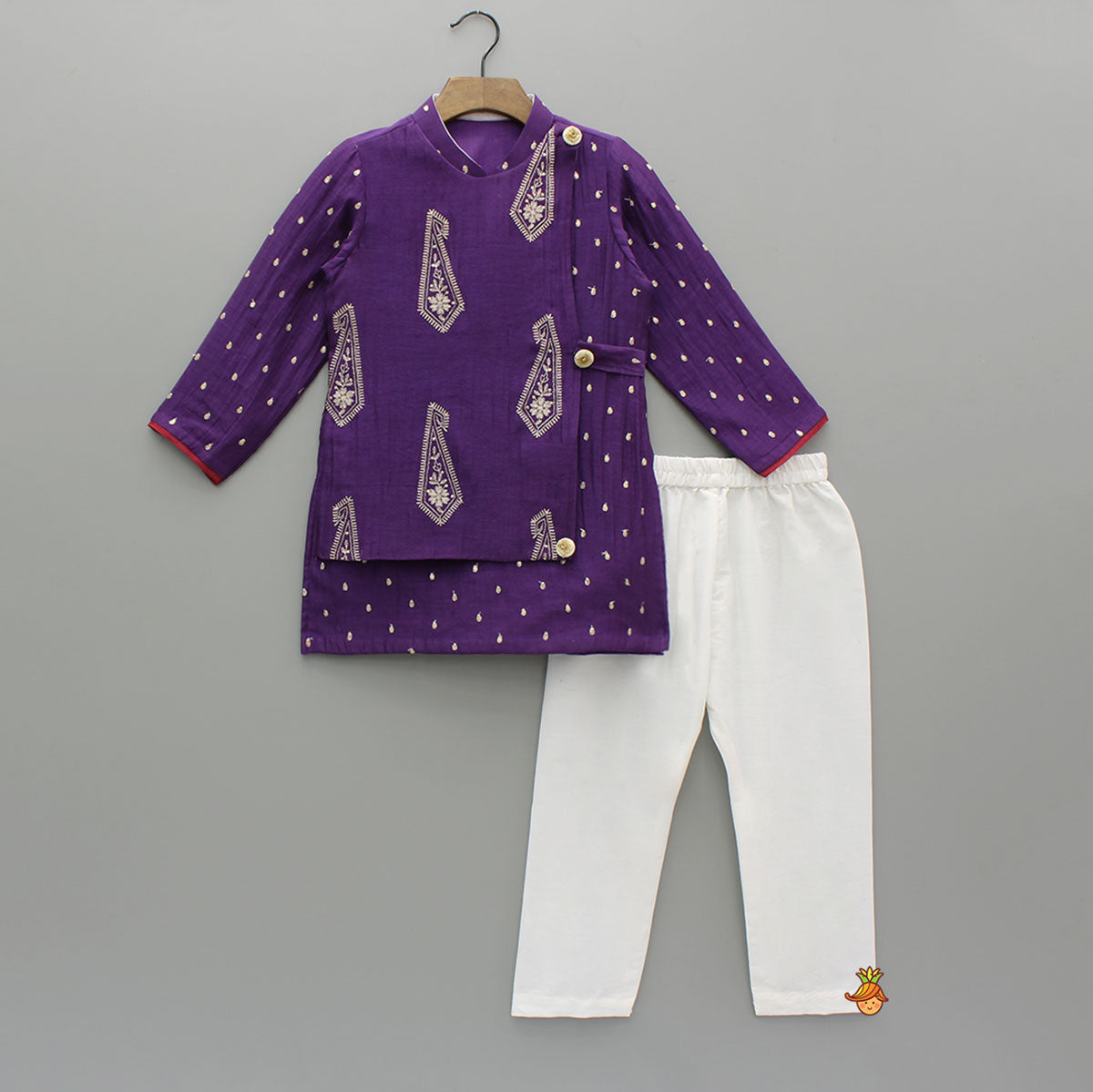 Purple Embroidered Flap Kurta With White Pyjama