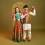 Off White Kurta With Printed Pleated Jacket And Pyjama twinning model image 1