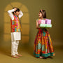 Off White Kurta With Printed Pleated Jacket And Pyjama twinning model image 4