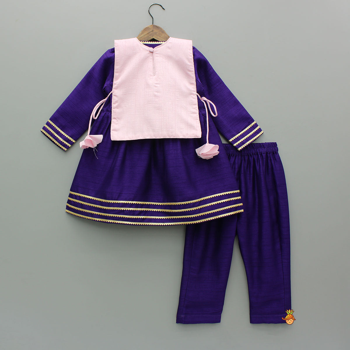 Wine Angarkha With Side Tie Up Vest And Pant And Stylish Headband