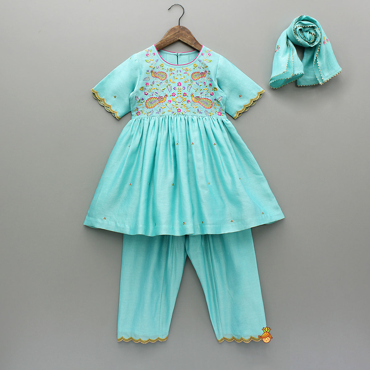 Blue Embroidered Kurti With Salwar And Dupatta