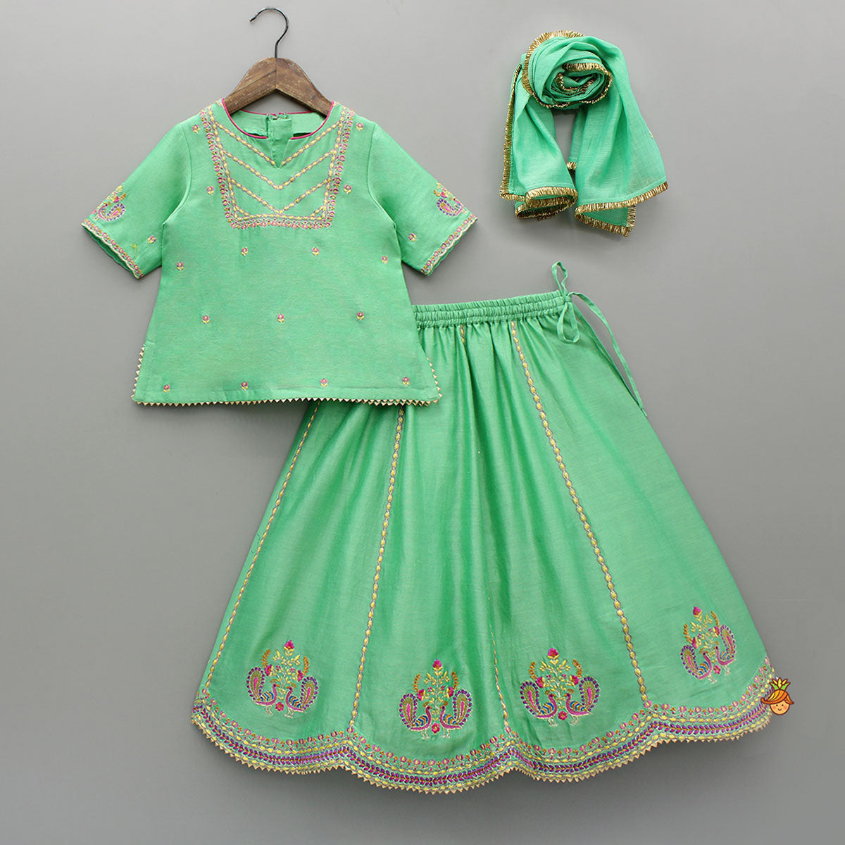 Green Embroidered Kurta With Lehenga And Dupatta