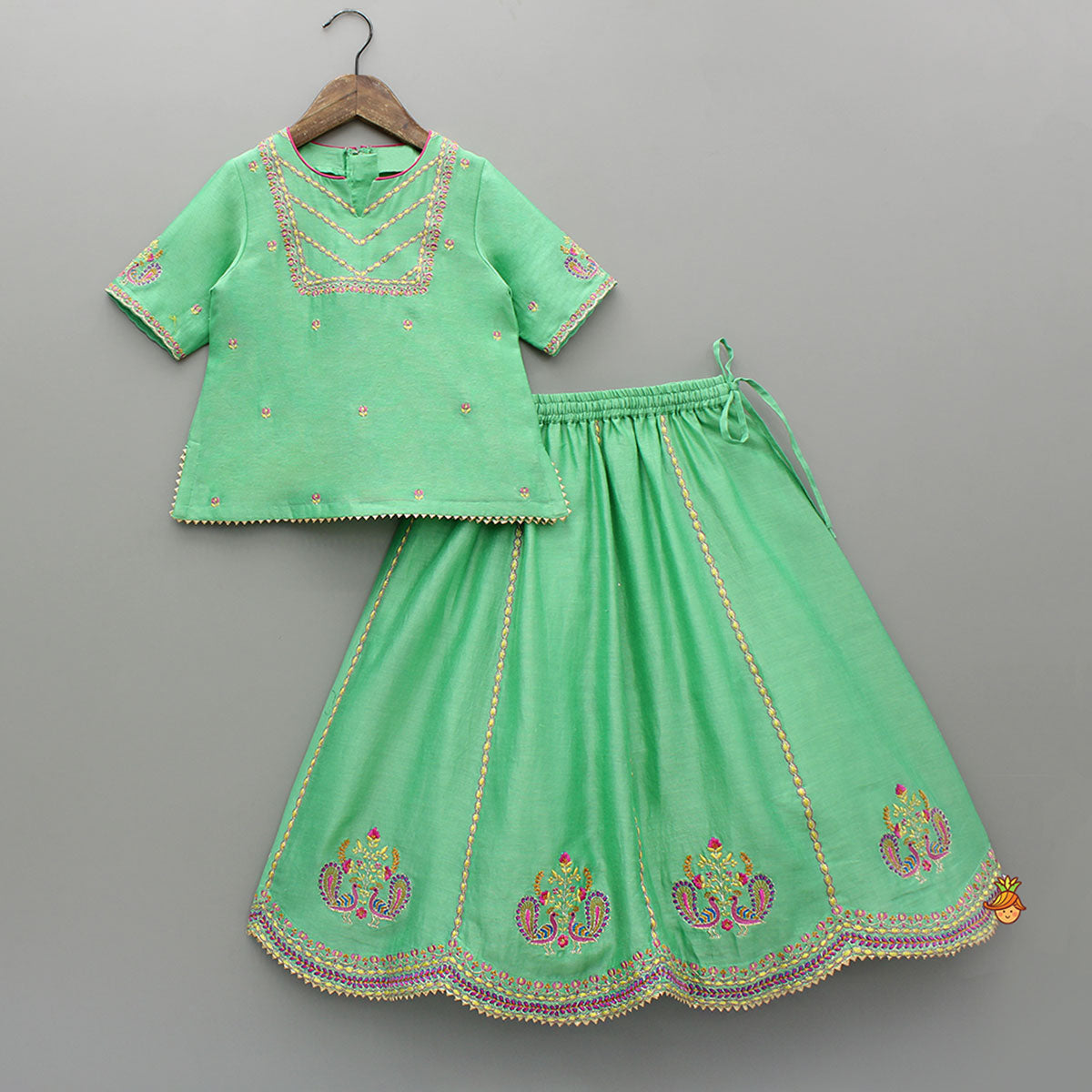 Green Embroidered Kurta With Lehenga And Dupatta