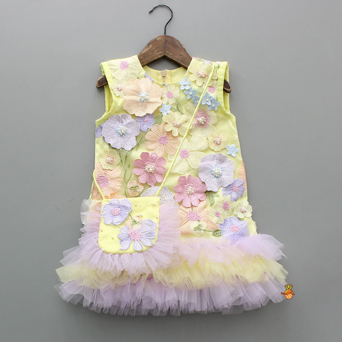 Gorgeous Yellow 3D Floral Applique Embellished Dress With Sling Bag