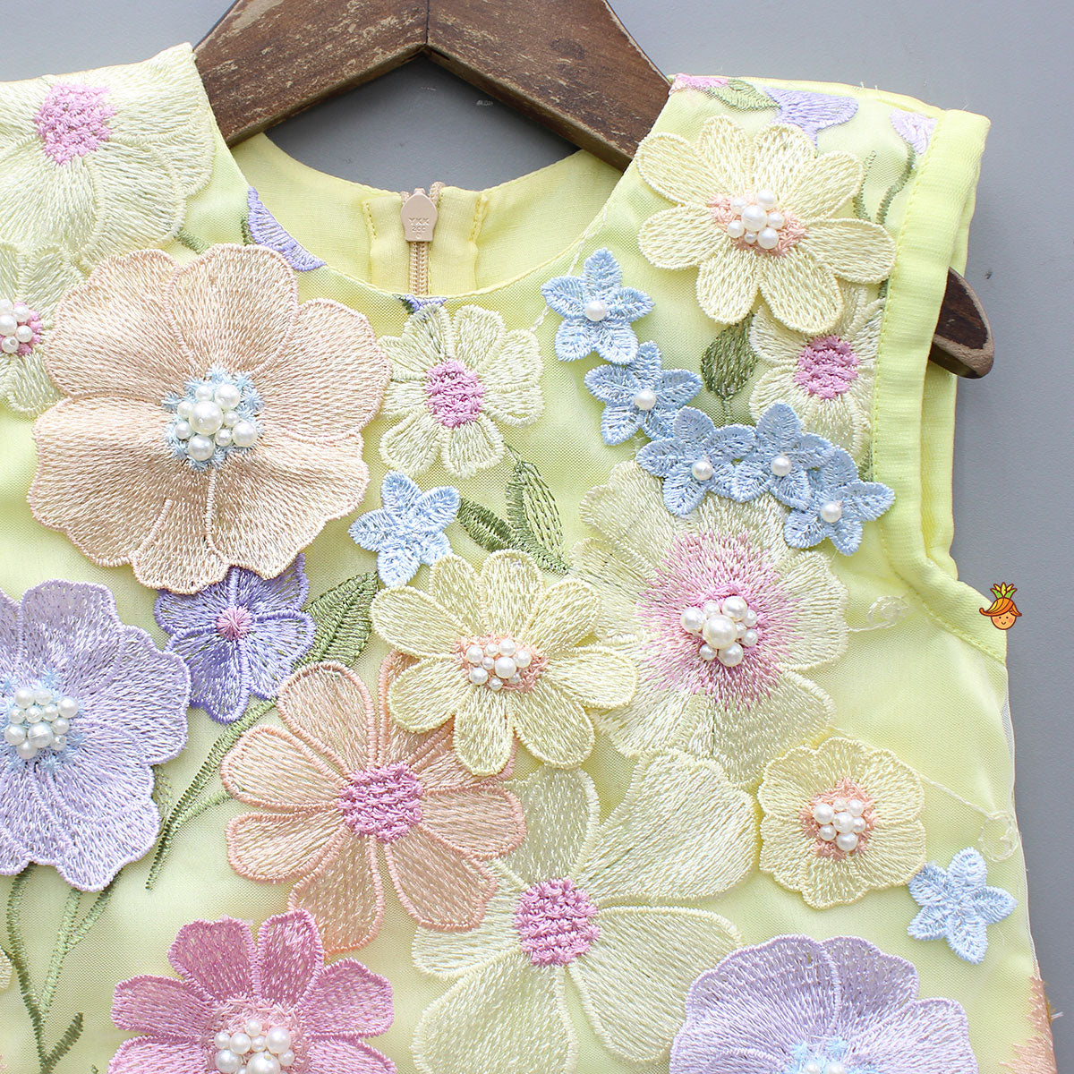 Gorgeous Yellow 3D Floral Applique Embellished Dress With Sling Bag
