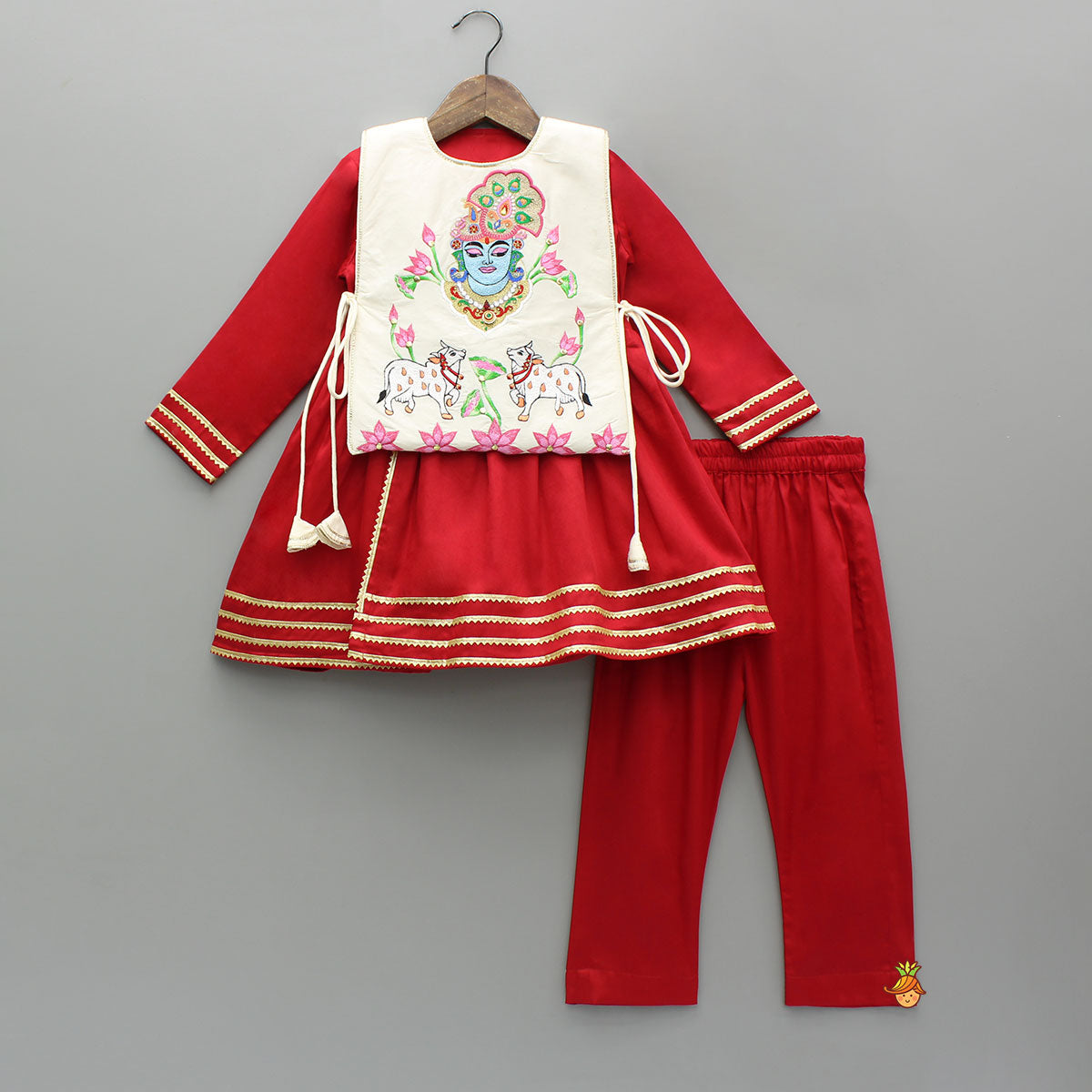 Red Angarkha With Side Tie Up Vest And Pant And Stylish Headband