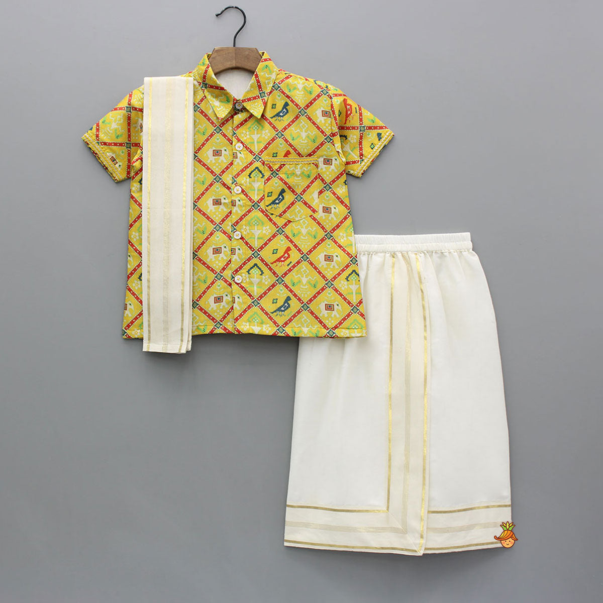 Exquisite Patola Print Shirt And Stitched Lungi With Shawl