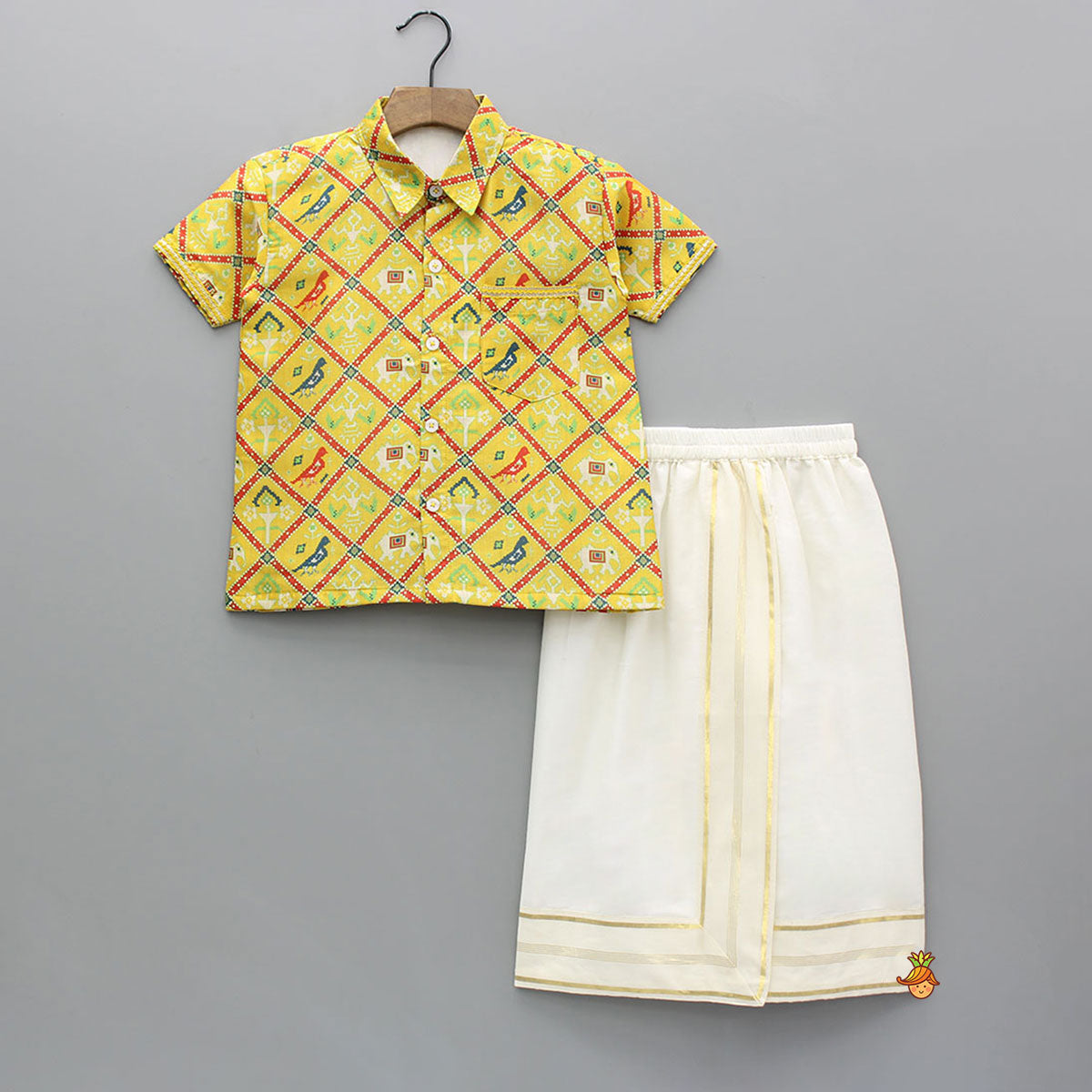Exquisite Patola Print Shirt And Stitched Lungi With Shawl