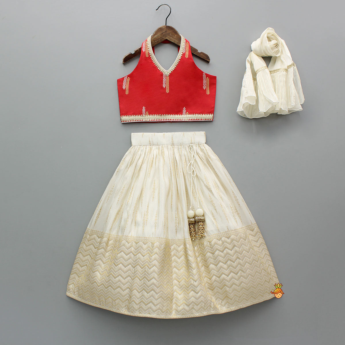 Red Halter Neck Top With Ivory Shade Lehenga And Dupatta