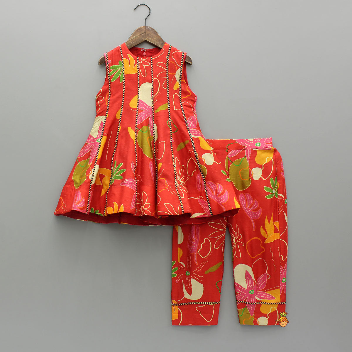 Red Floral Printed Sleeveless Kurti With Matching Pants