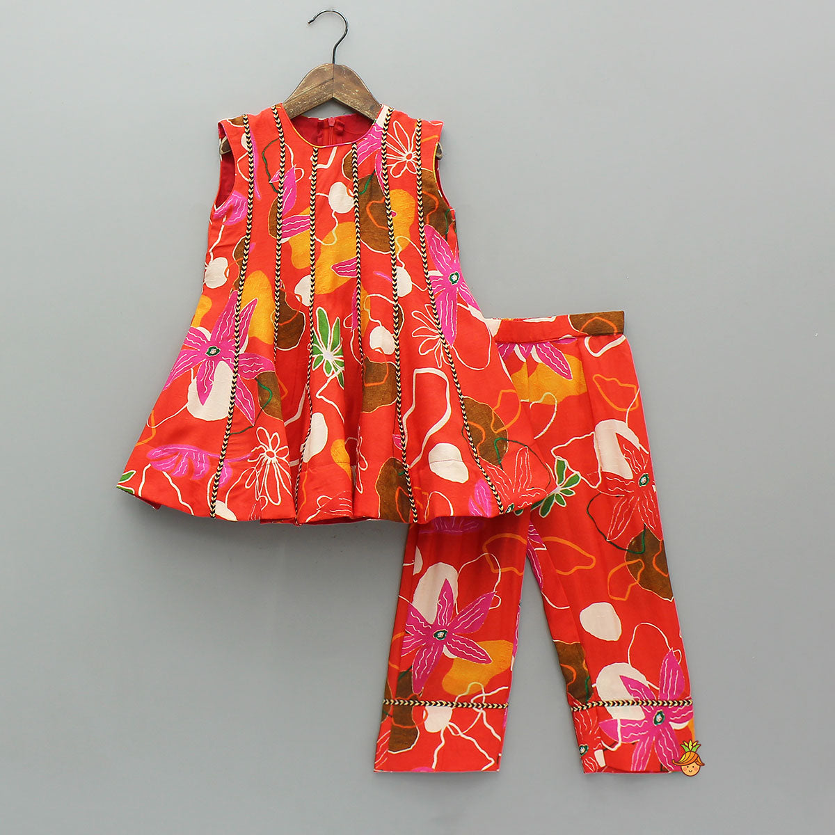 Red Floral Printed Sleeveless Kurti With Matching Pants