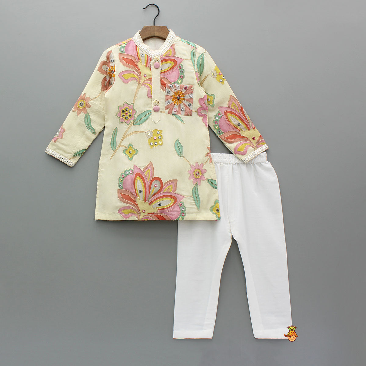 Off White Stylish Floral Kurta With White Pyjama