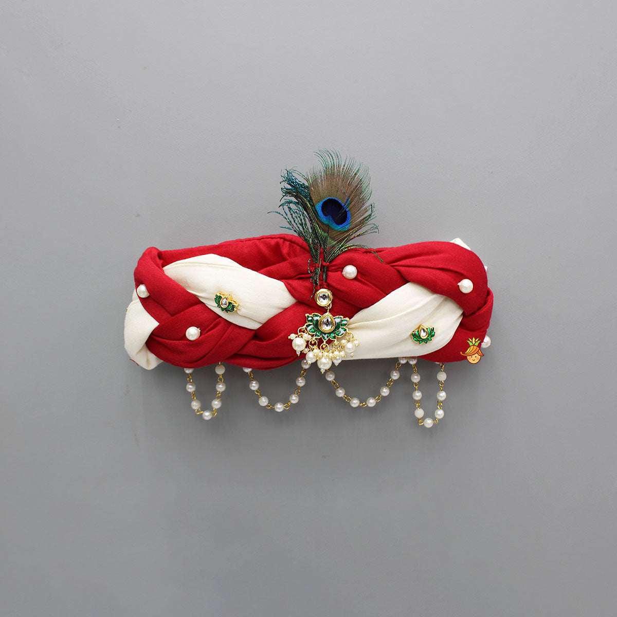 Red And White Braided Head Band With Mor Pankh