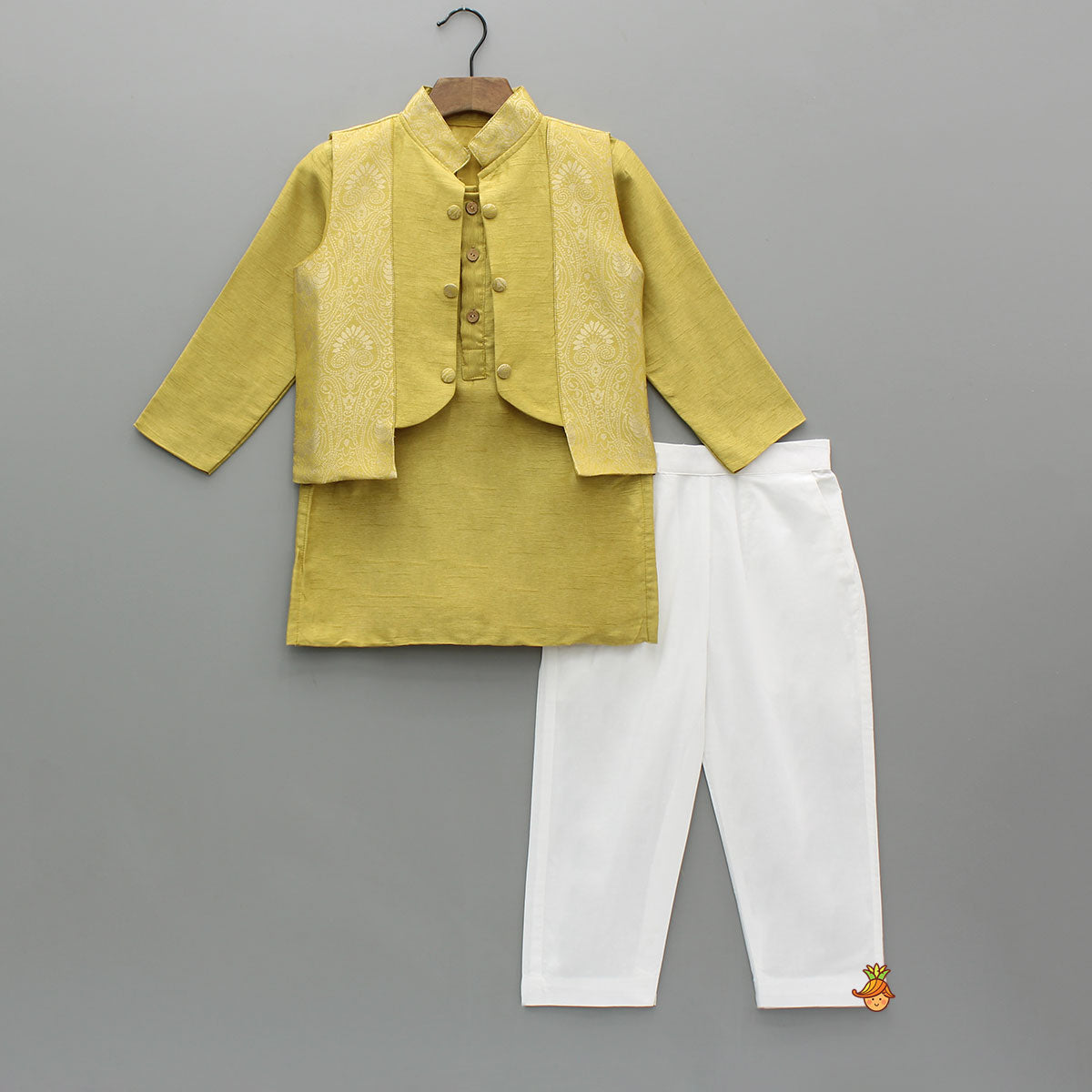 Yellow Kurta With Brocade Jacket And White Pyjama