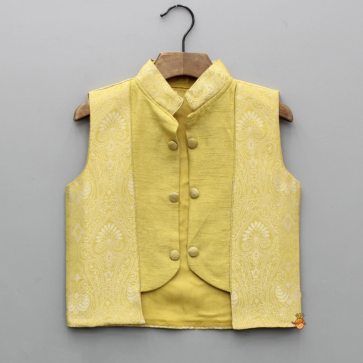 Yellow Kurta With Brocade Jacket And White Pyjama
