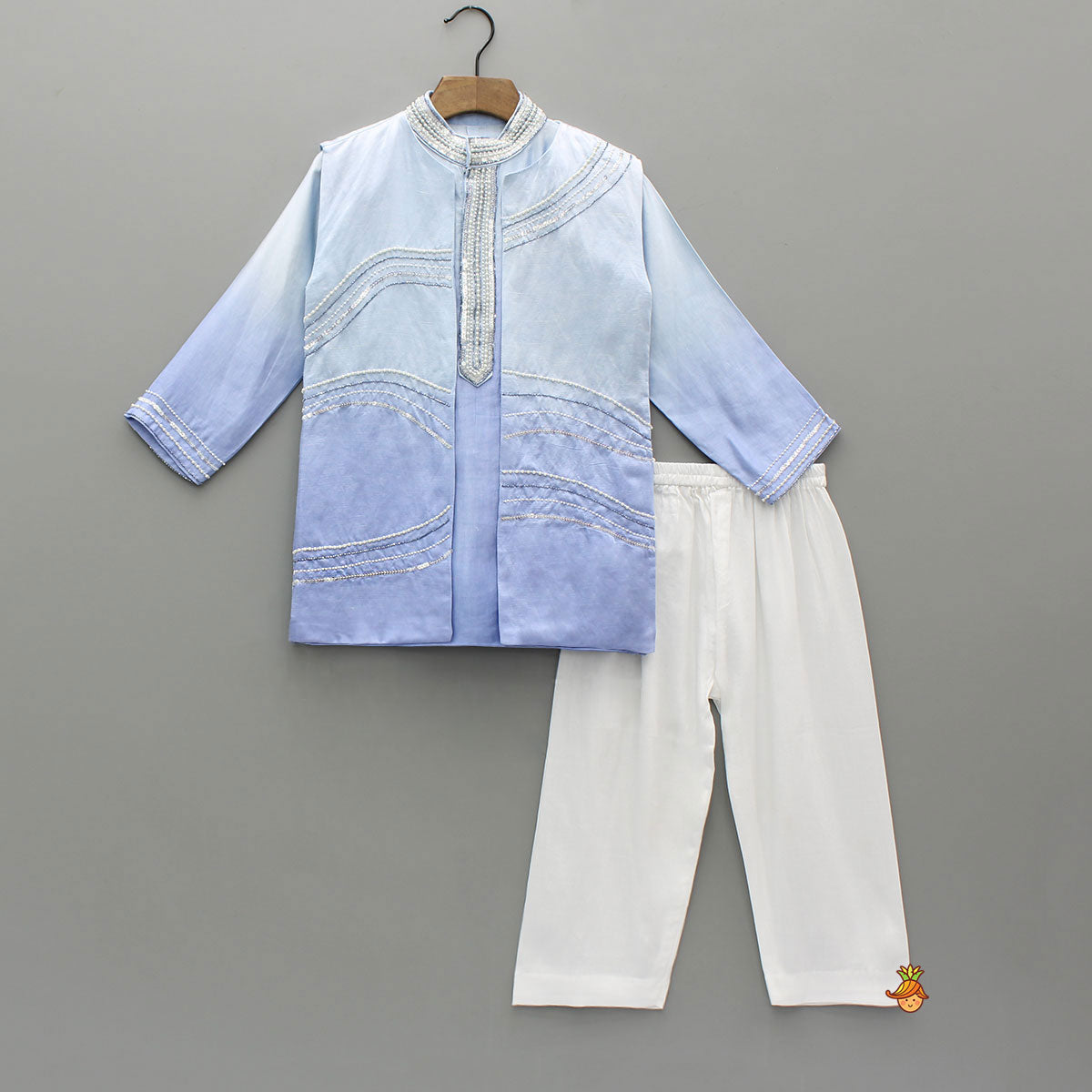 Blue Ombre Kurta With Front Open Embroidered Ombre Jacket And Pyjama