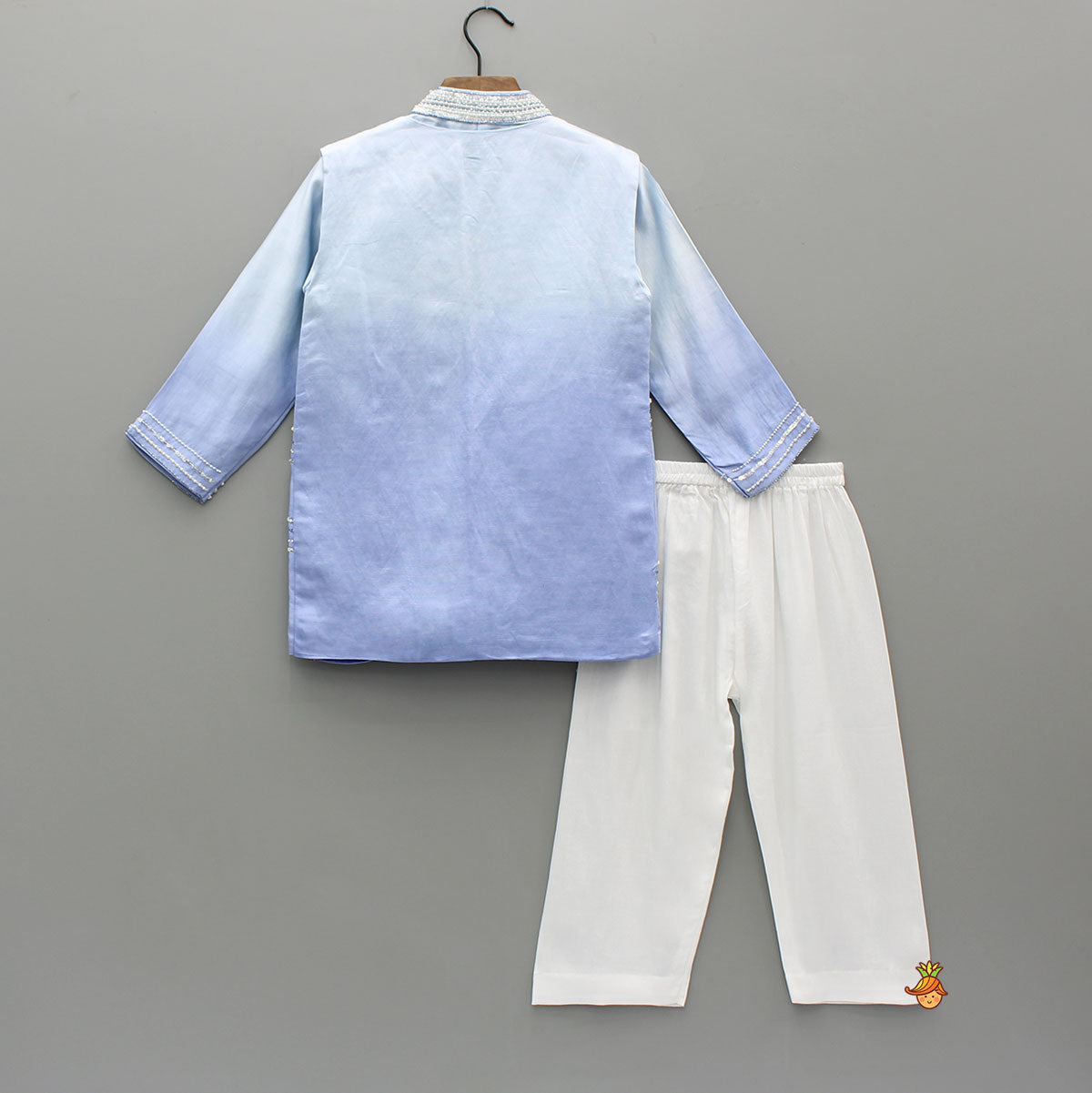 Blue Ombre Kurta With Front Open Embroidered Ombre Jacket And Pyjama