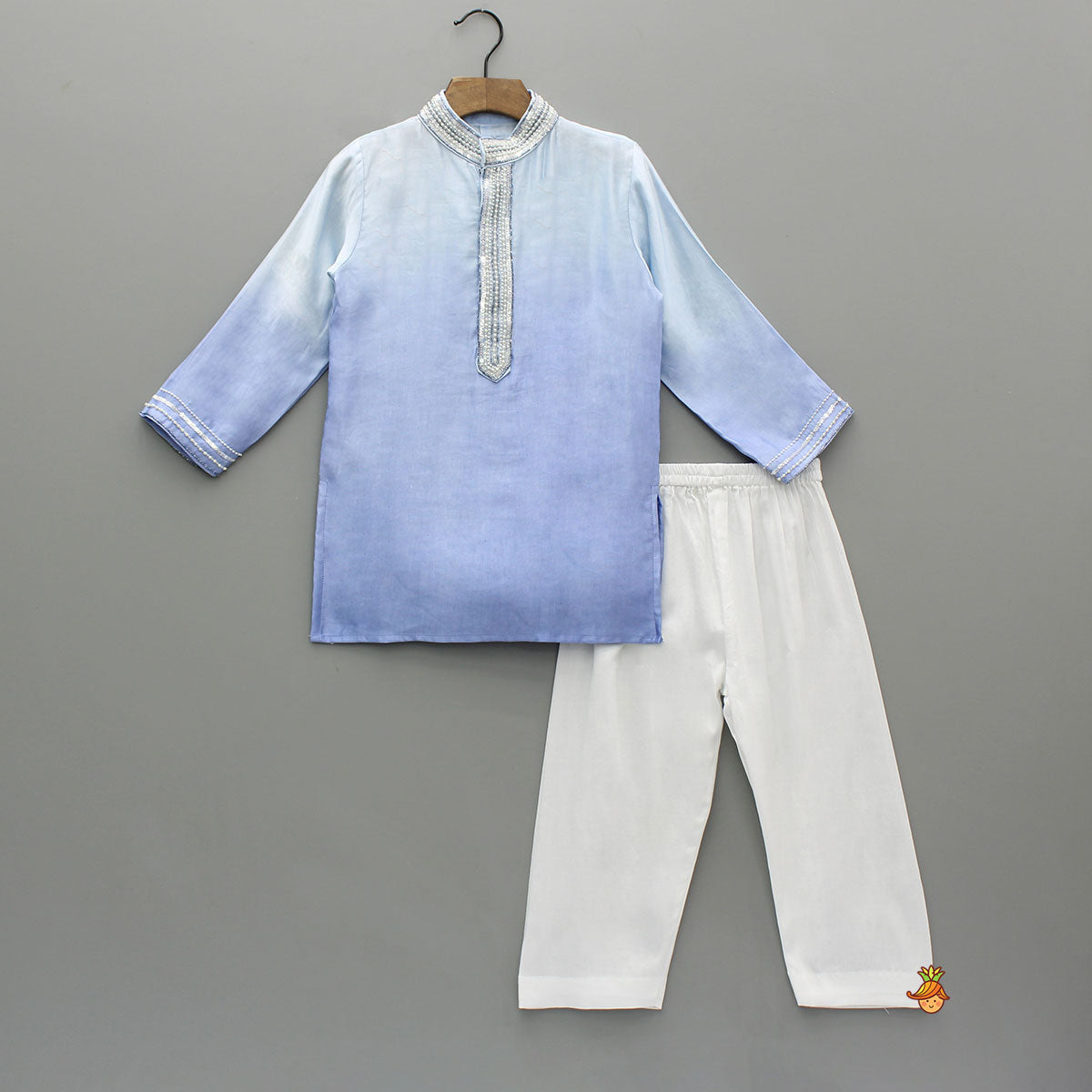 Blue Ombre Kurta With Front Open Embroidered Ombre Jacket And Pyjama