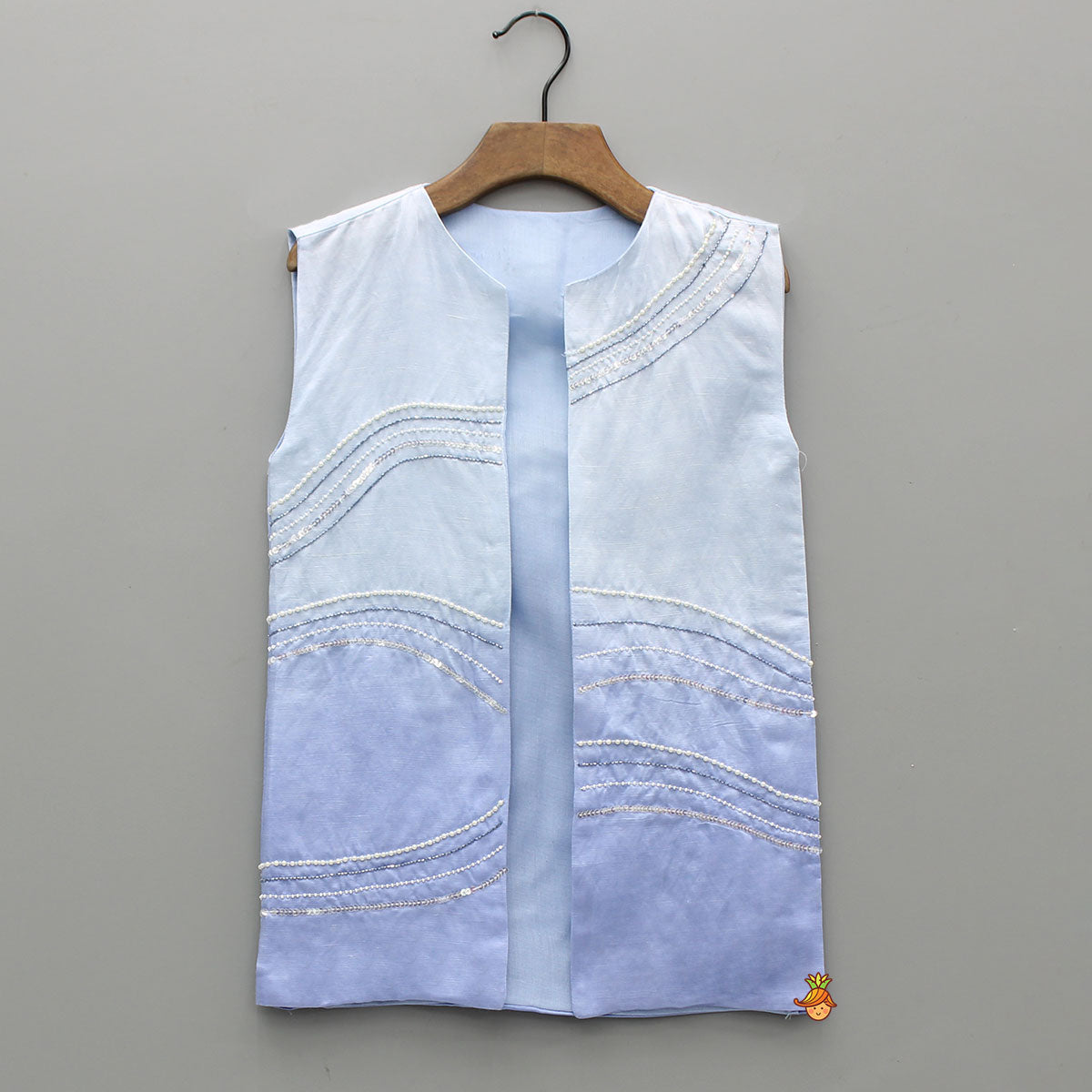 Blue Ombre Kurta With Front Open Embroidered Ombre Jacket And Pyjama