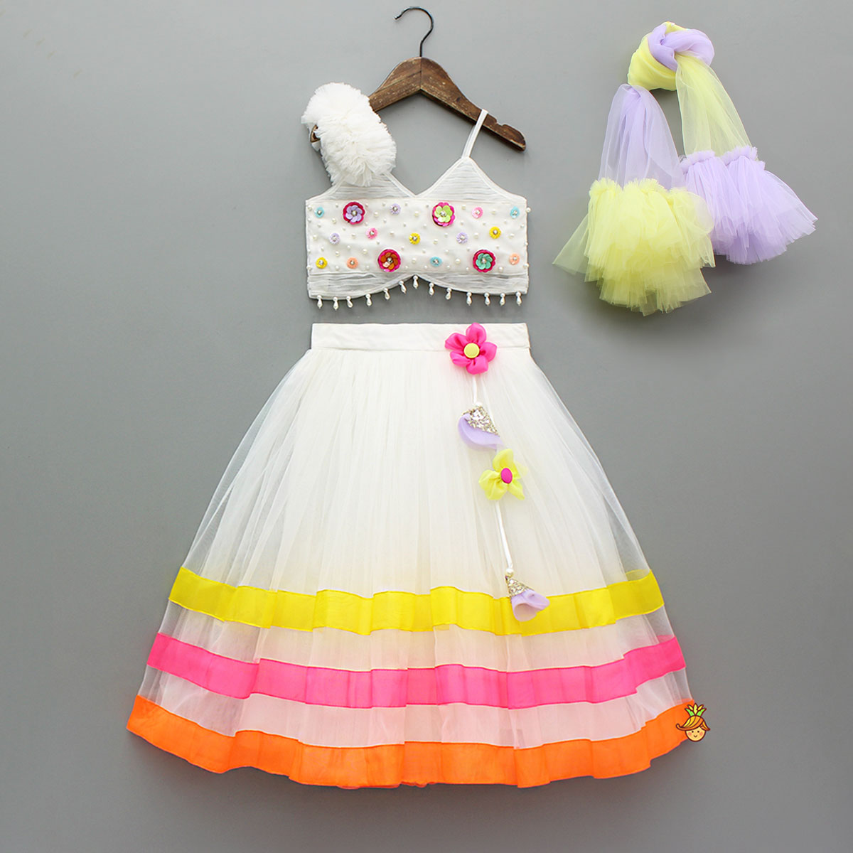 Spaghetti Straps Top And Fabric Flower Tassels Enhanced Lehenga With Dual Tone Stylish Dupatta
