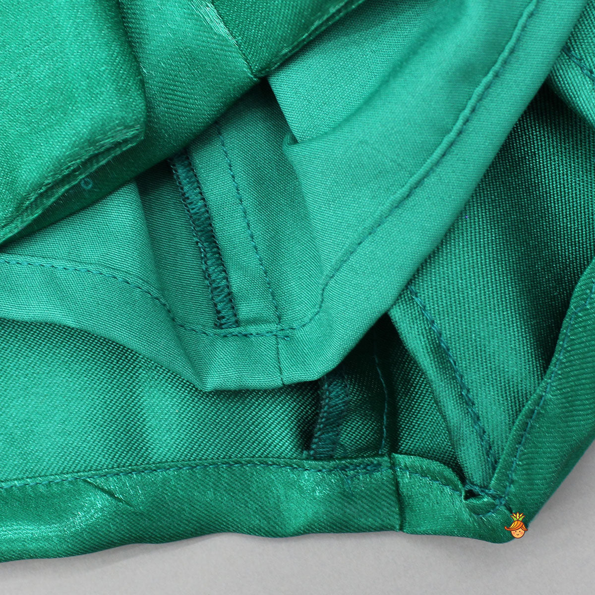 Sheen Green Satin Pleated Dress With Red Floral Tie-Up Detail