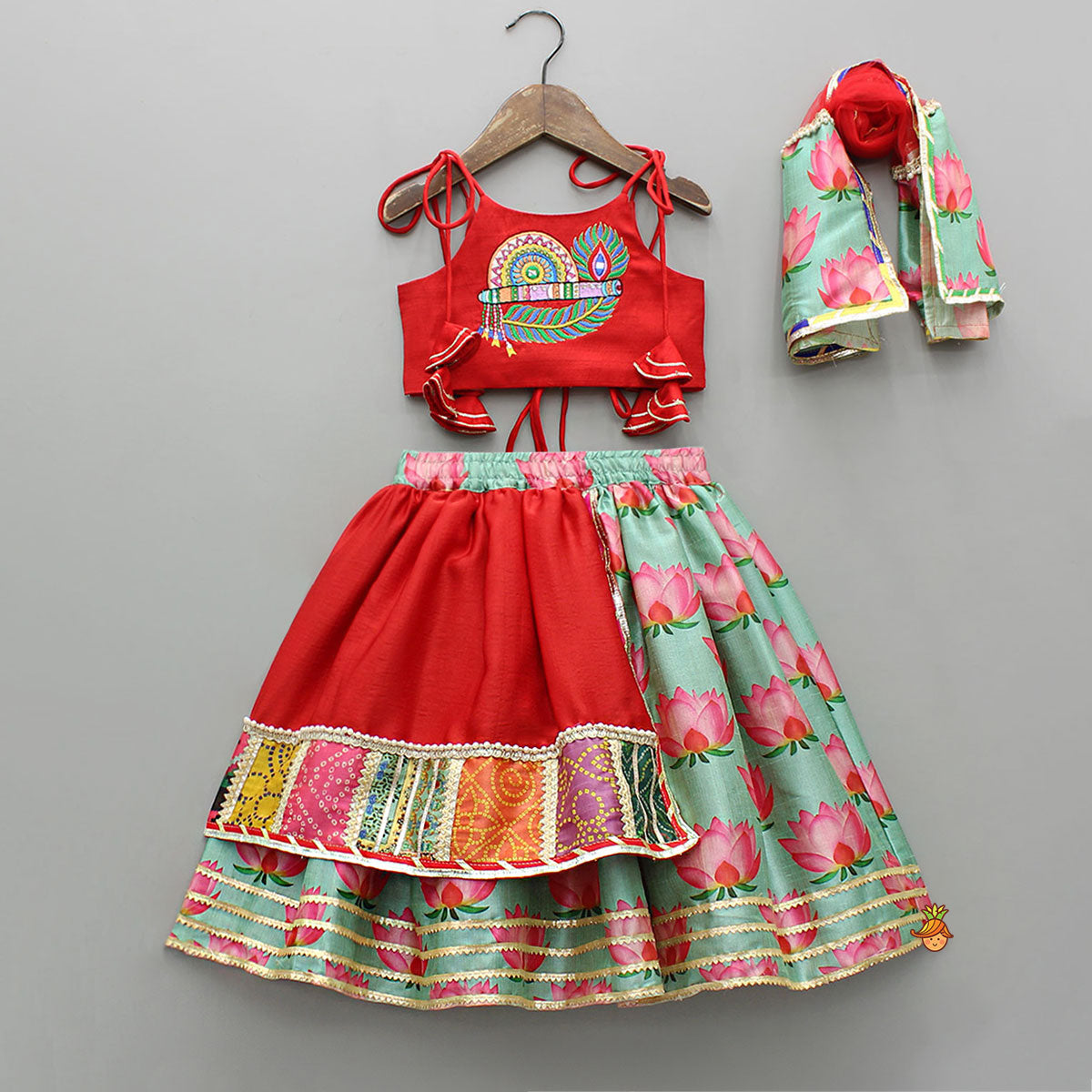 Red Embroidered Strappy Top With Lehenga And Dupatta