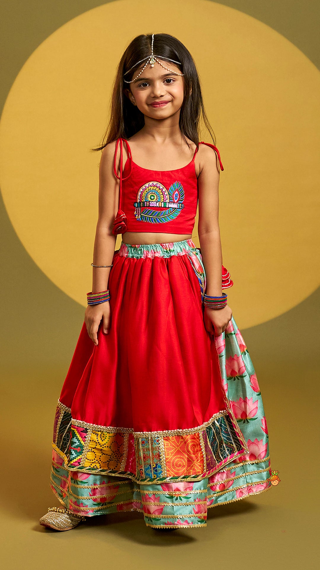 Red Embroidered Strappy Top With Lehenga And Dupatta