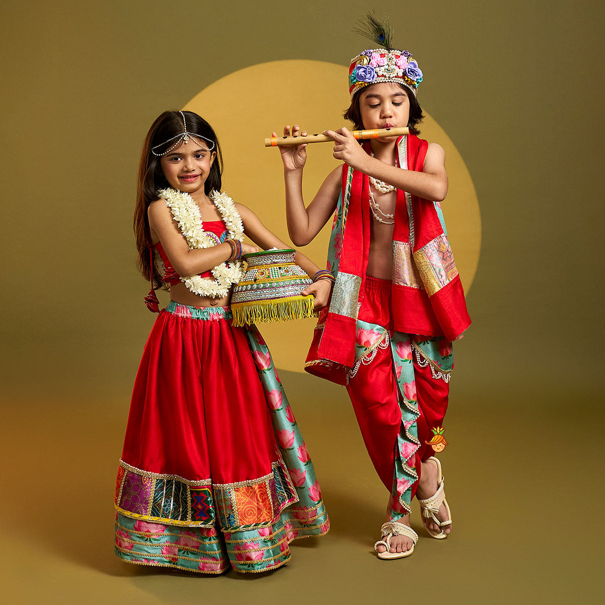 Red Embroidered Strappy Top With Lehenga And Dupatta twinning model image 3