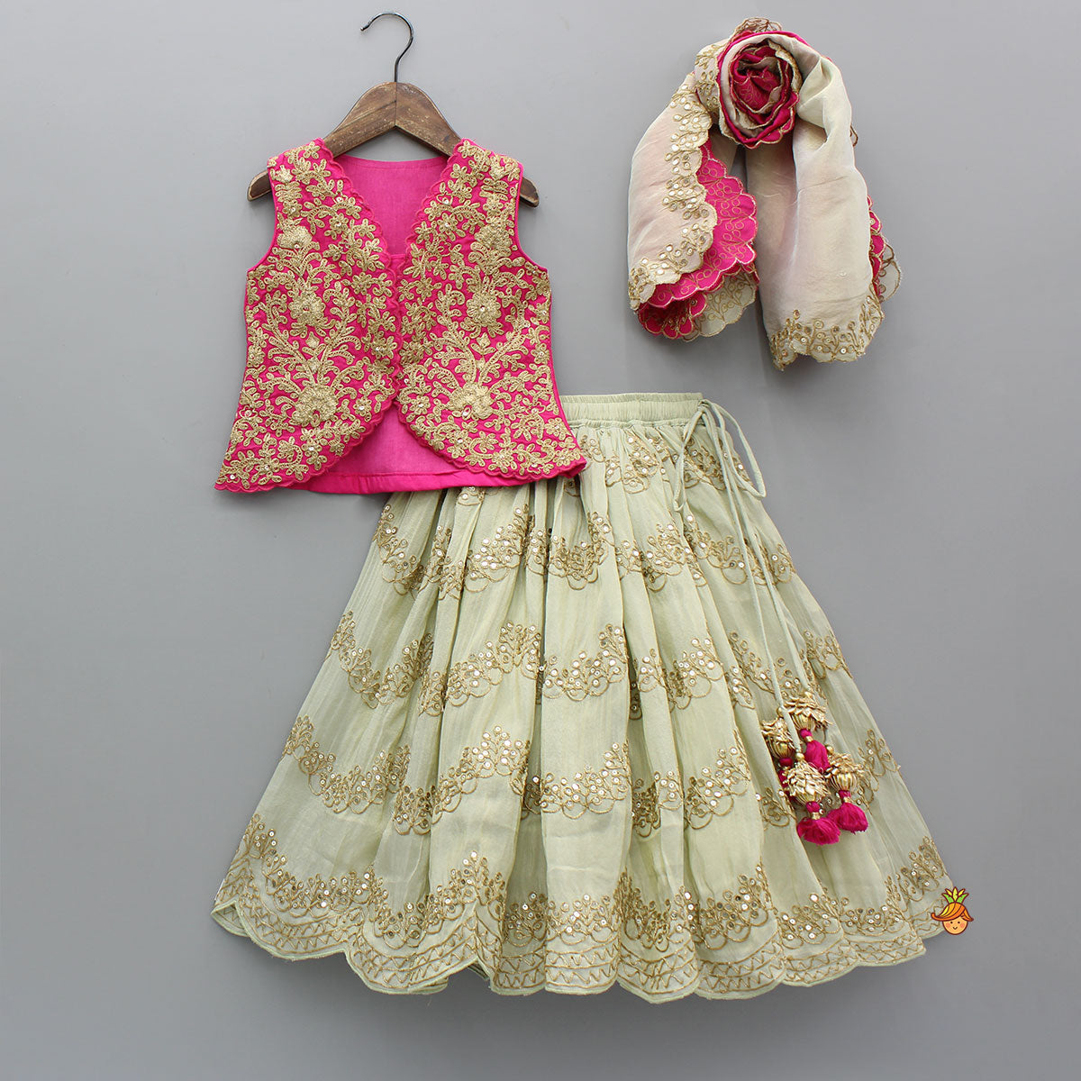Exquisite Waistcoat Style Embroidered Top With Shimmery Lehenga And Shimmery Dupatta