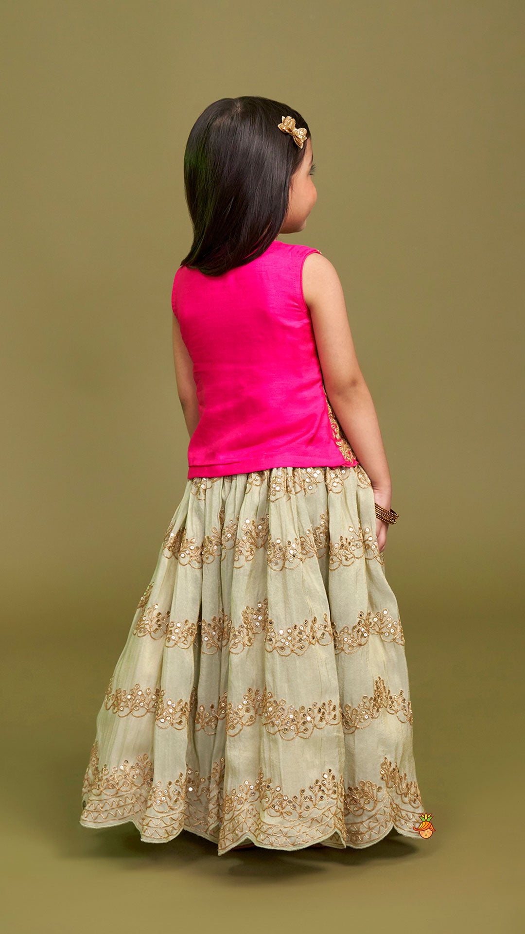 Exquisite Waistcoat Style Embroidered Top With Shimmery Lehenga And Shimmery Dupatta