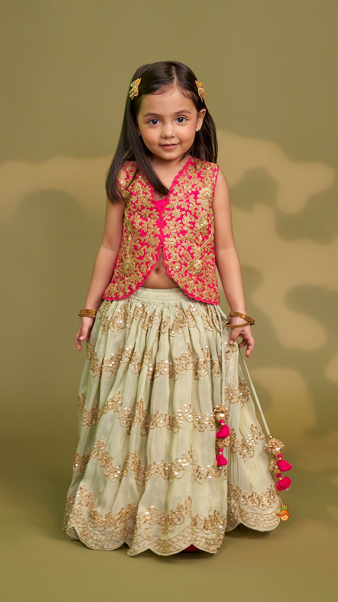 Exquisite Waistcoat Style Embroidered Top With Shimmery Lehenga And Shimmery Dupatta