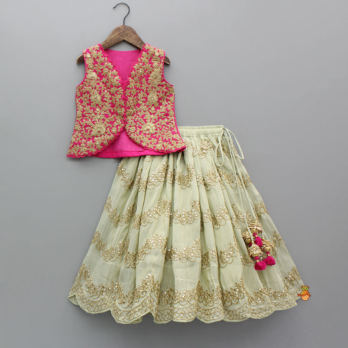 Exquisite Waistcoat Style Embroidered Top With Shimmery Lehenga And Shimmery Dupatta