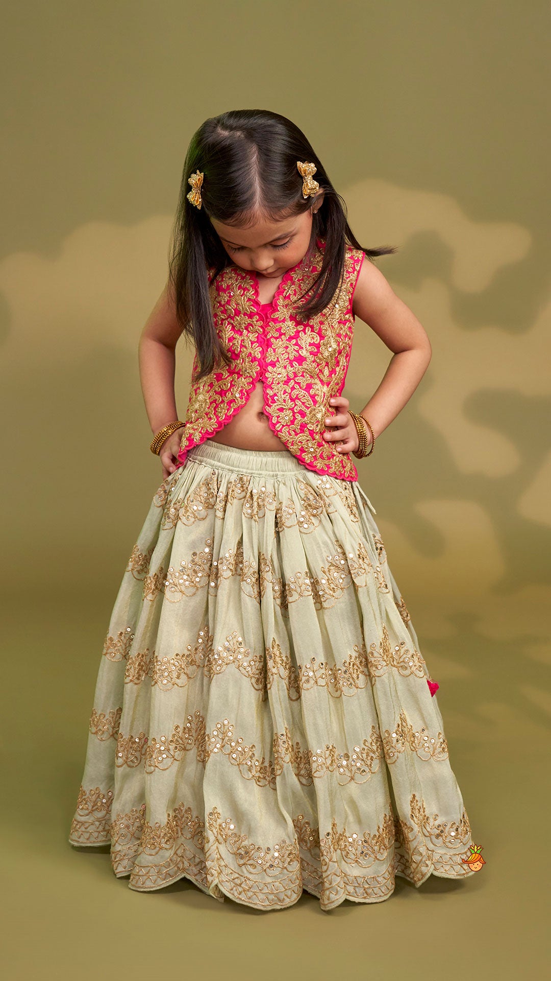 Exquisite Waistcoat Style Embroidered Top With Shimmery Lehenga And Shimmery Dupatta