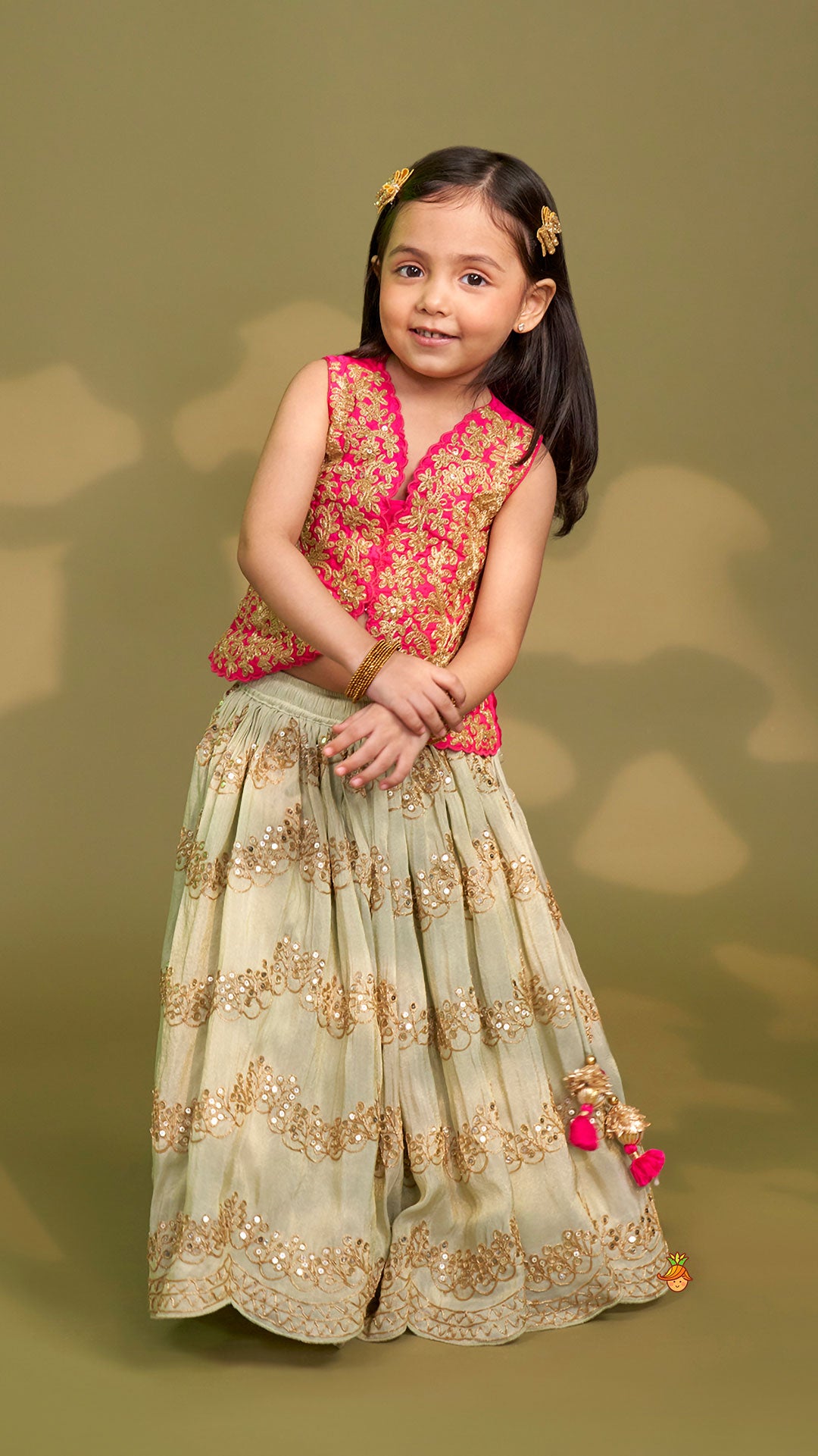 Exquisite Waistcoat Style Embroidered Top With Shimmery Lehenga And Shimmery Dupatta