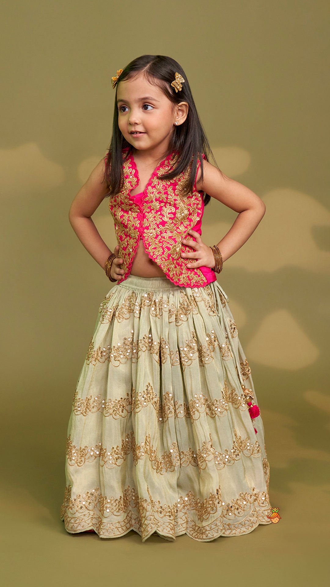 Exquisite Waistcoat Style Embroidered Top With Shimmery Lehenga And Shimmery Dupatta
