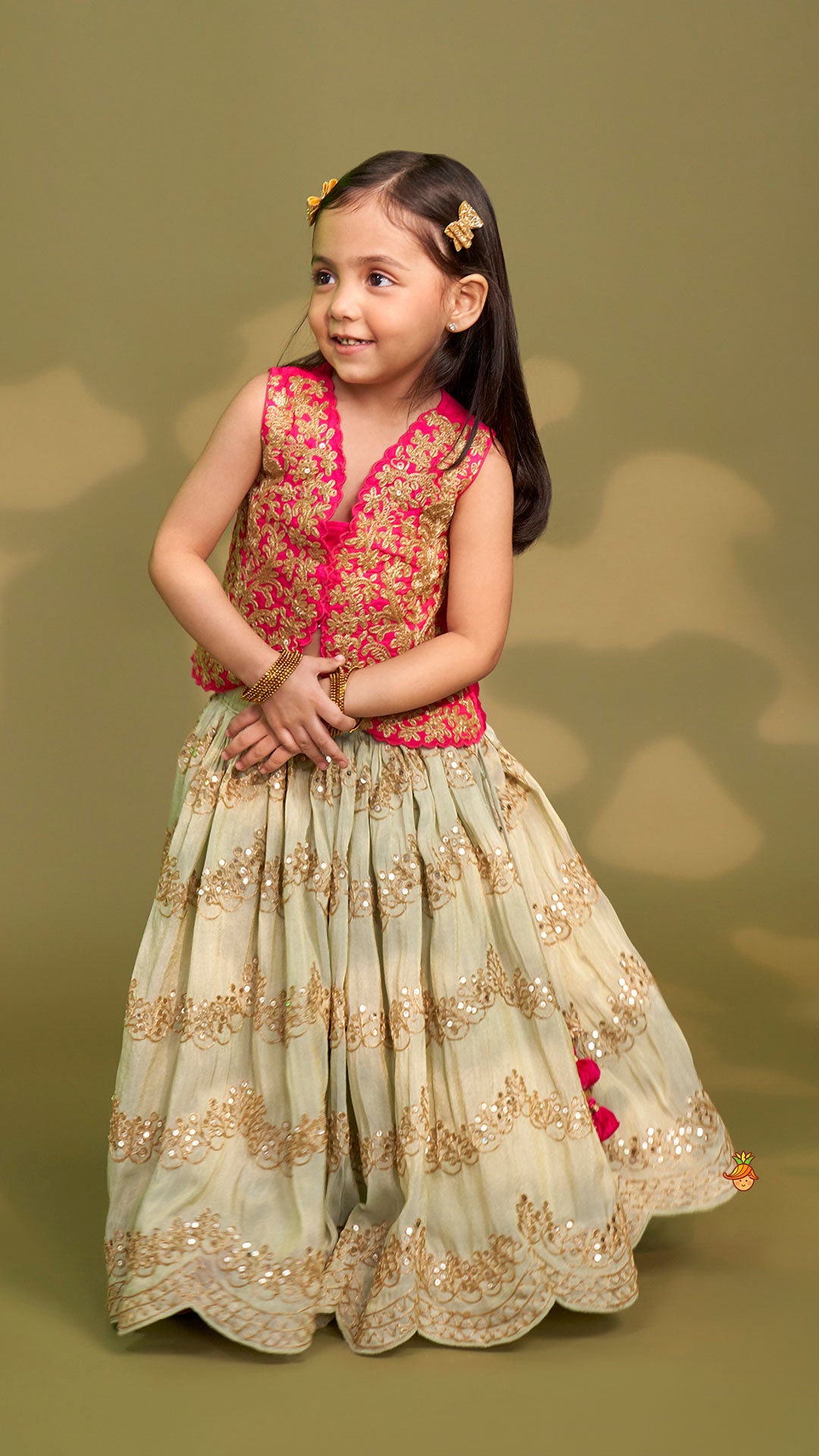 Exquisite Waistcoat Style Embroidered Top With Shimmery Lehenga And Shimmery Dupatta